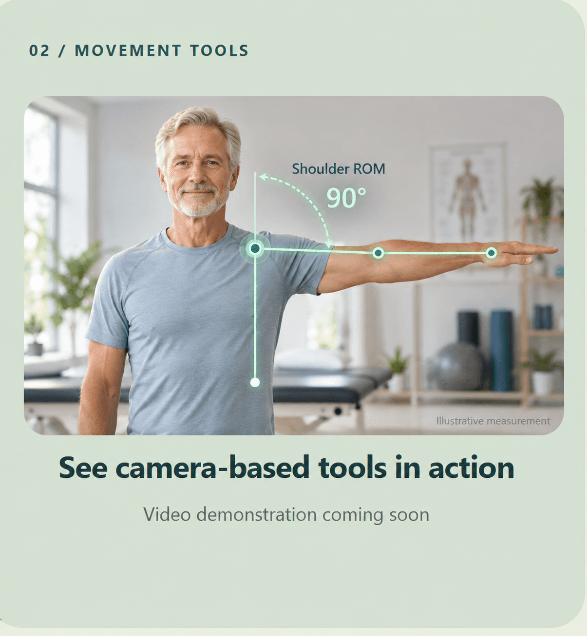 Illustrative AI-generated person demonstrating shoulder movement with joint markers and a 90-degree ROM overlay. Video demonstration coming soon.
